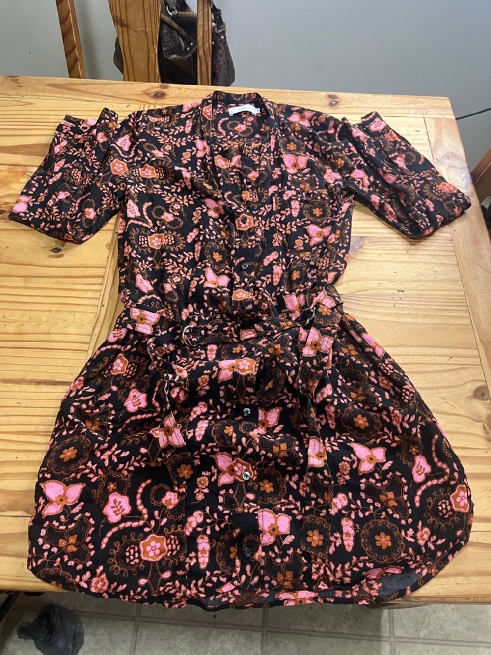 A.L.C Silk Mini Dress Black with Pink & Brown Floral Print - Picture 2 of 10